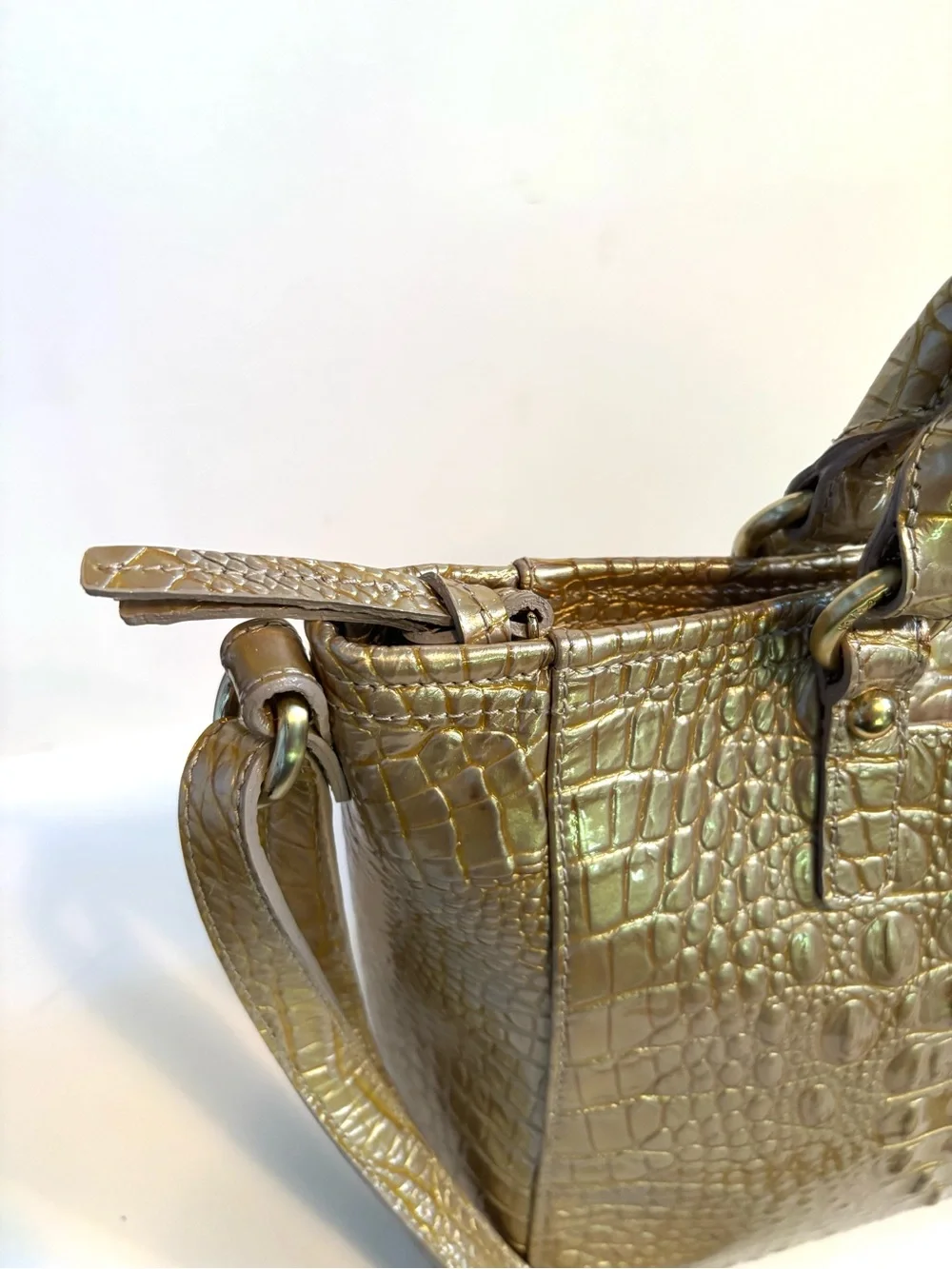 Rare New Brahmin Croc Mini Arno Fizz Glossy Gold Tan NWT